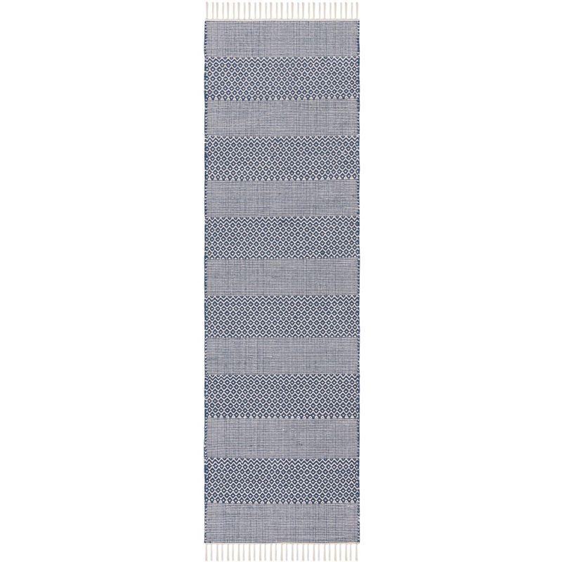 Ivory/Navy Handwoven Cotton Ikat Tie-Dye Effect Area Rug - 2'3" x 14'