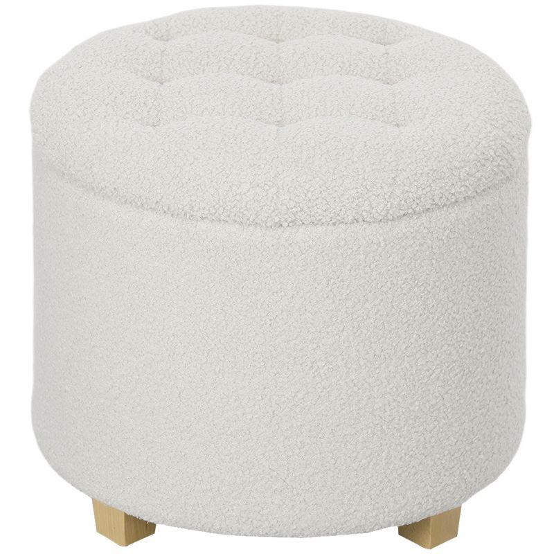 HOMCOM 18" Round Ottoman with Storage, Teddy Fleece Button Tufted Bedroom Stool with Removable Lid and Wood Legs for Living Room, Hallway, White