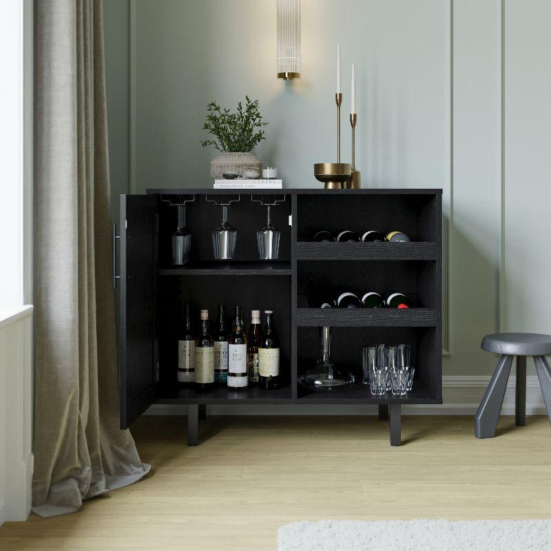 Flash Furniture Elmont Classic Bar and Sideboard with Shaker Style Single Door Cabinet with Hanging Glass Storage and Open Bottle Shelves, Black