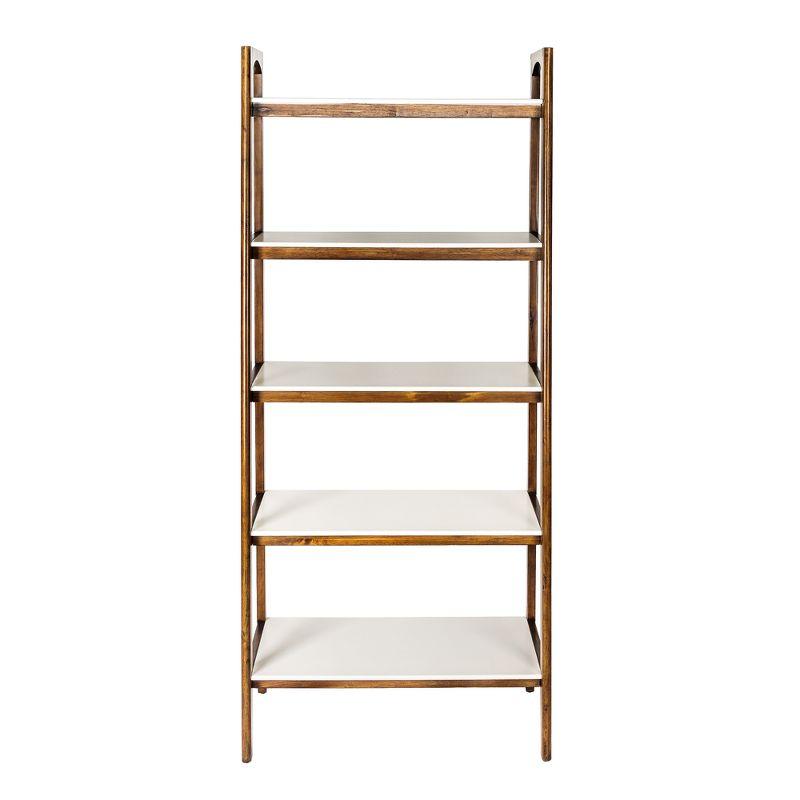 Mid-Century Pecan and Off-White Solid Wood Ladder Bookcase