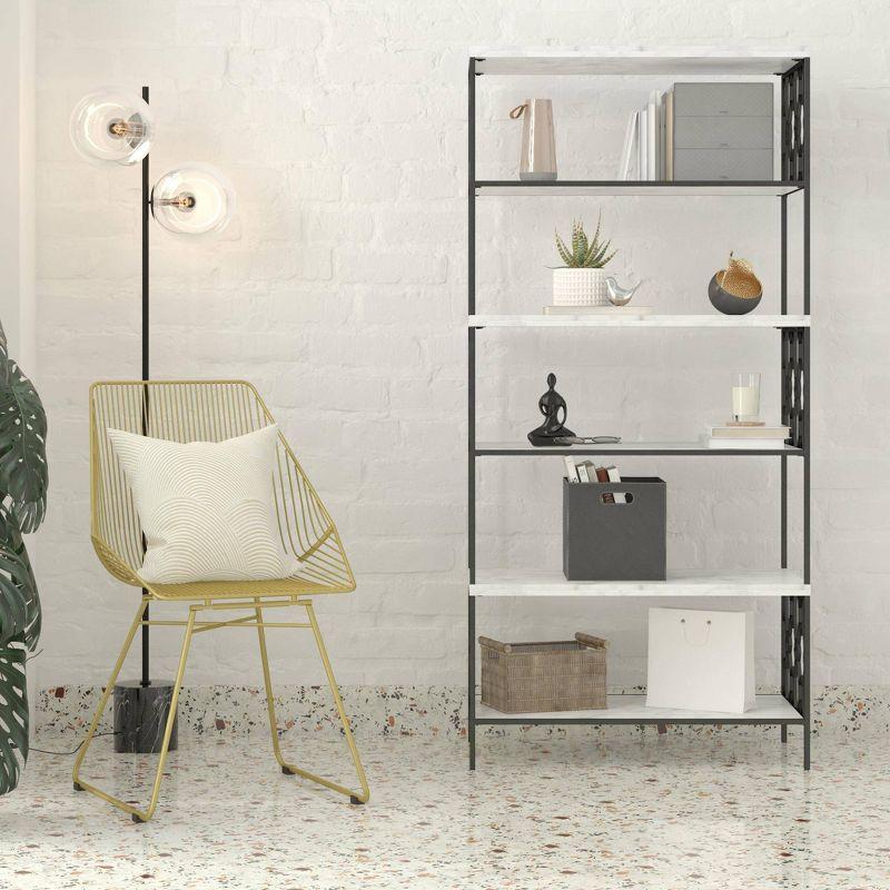 Ella Modern White Marble and Black Metal 5-Shelf Bookcase