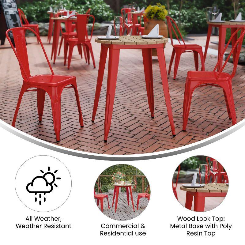 Flash Furniture Declan Commercial Grade Indoor/Outdoor Dining Table, 23.75" Round All Weather Brown Poly Resin Top with Red Steel Base