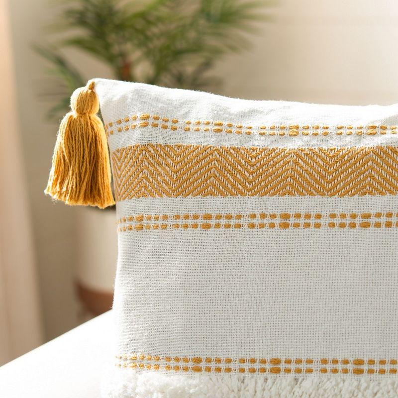 White and Mustard Embroidered Cotton Square Throw Pillow