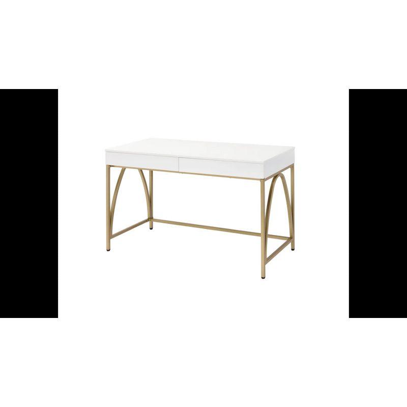 Executive White Gloss & Gold Wood Desk with Drawers & Keyboard Tray