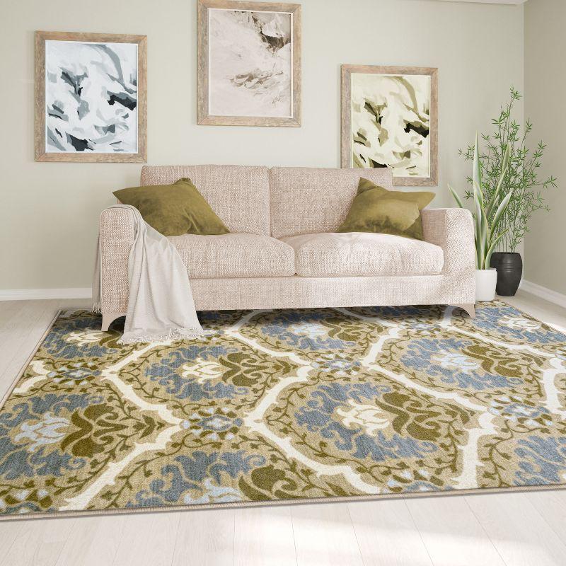 Taupe and Blue Floral Damask Washable Area Rug