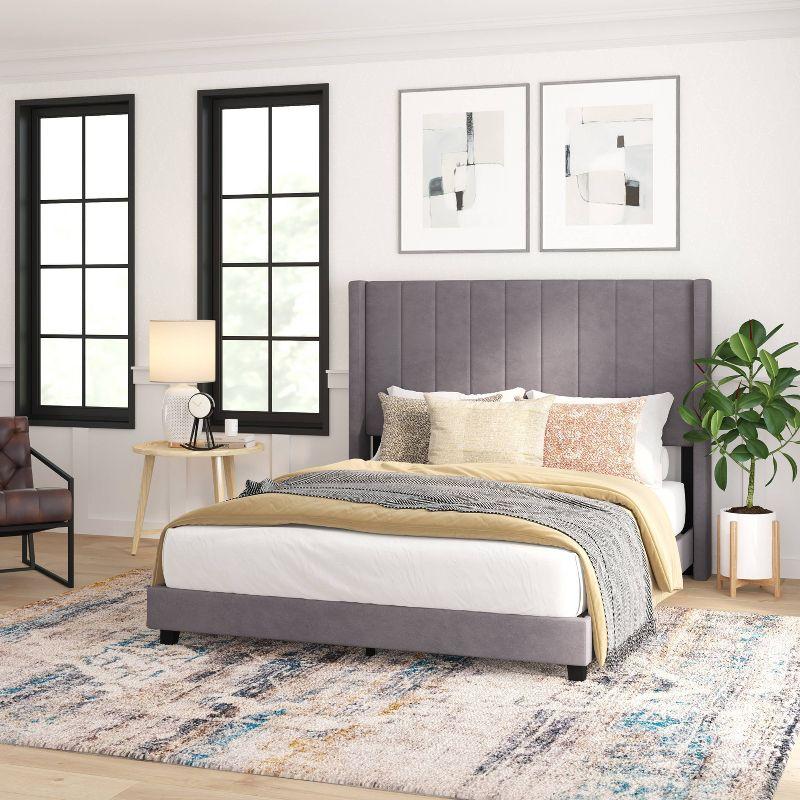 Ebern Designs Upholstered Platform Bed with Vertical Stitched Wingback Headboard, Slatted Mattress Foundation