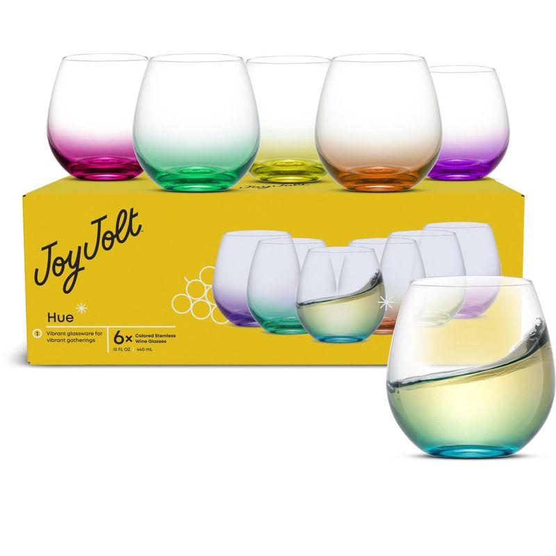 JoyJolt Hue Colored Stemless Wine Glass-Set of 6 Colorful Red or White Wine Drinking Glasses- 15 oz