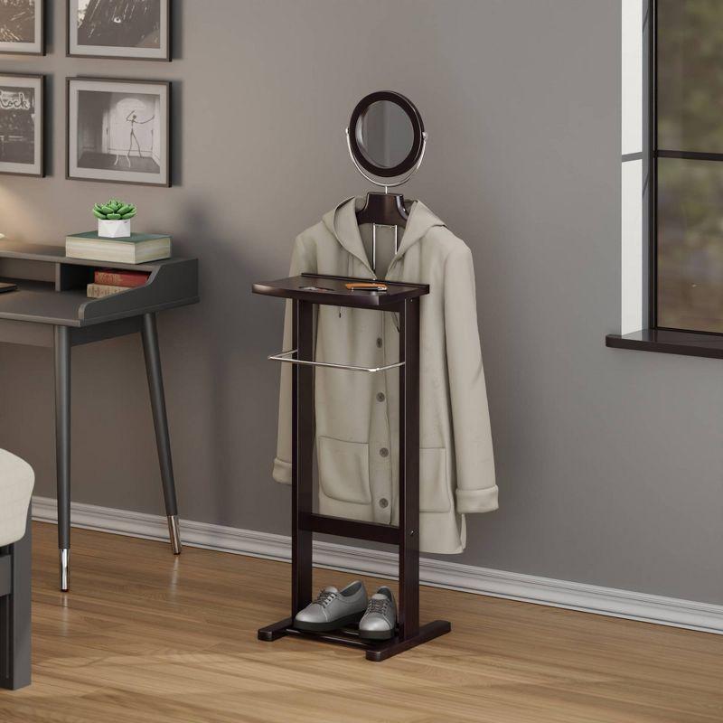 Espresso Brown Wood Valet Stand with Mirror and Storage