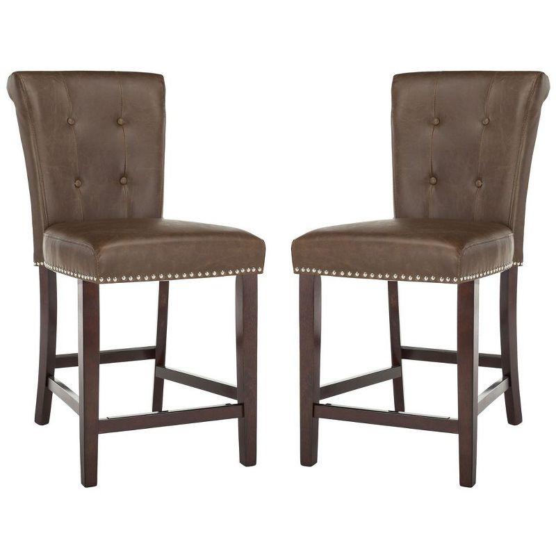 Transitional Tufted Brown Leather Counter Stool - Set of 2