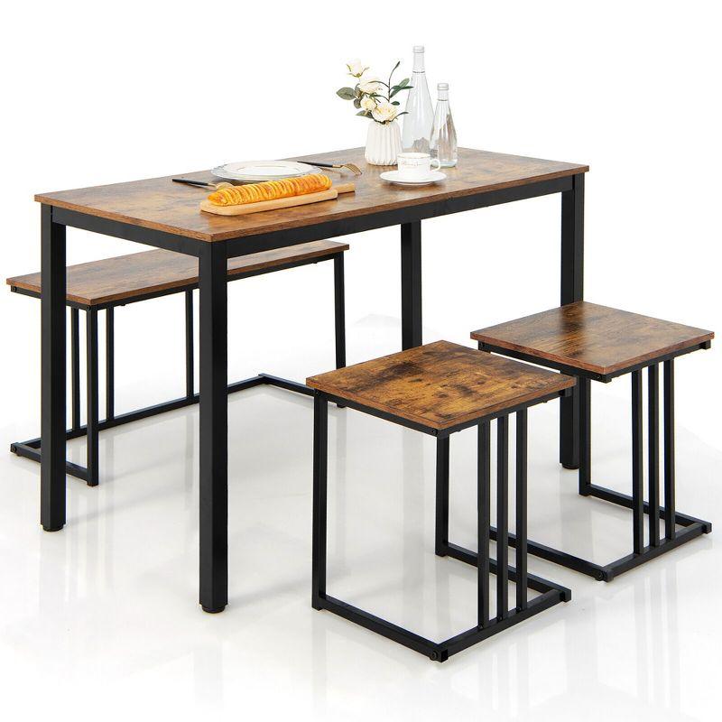 Rustic Brown and Black 4-Piece Dining Table Set with Bench and Stools