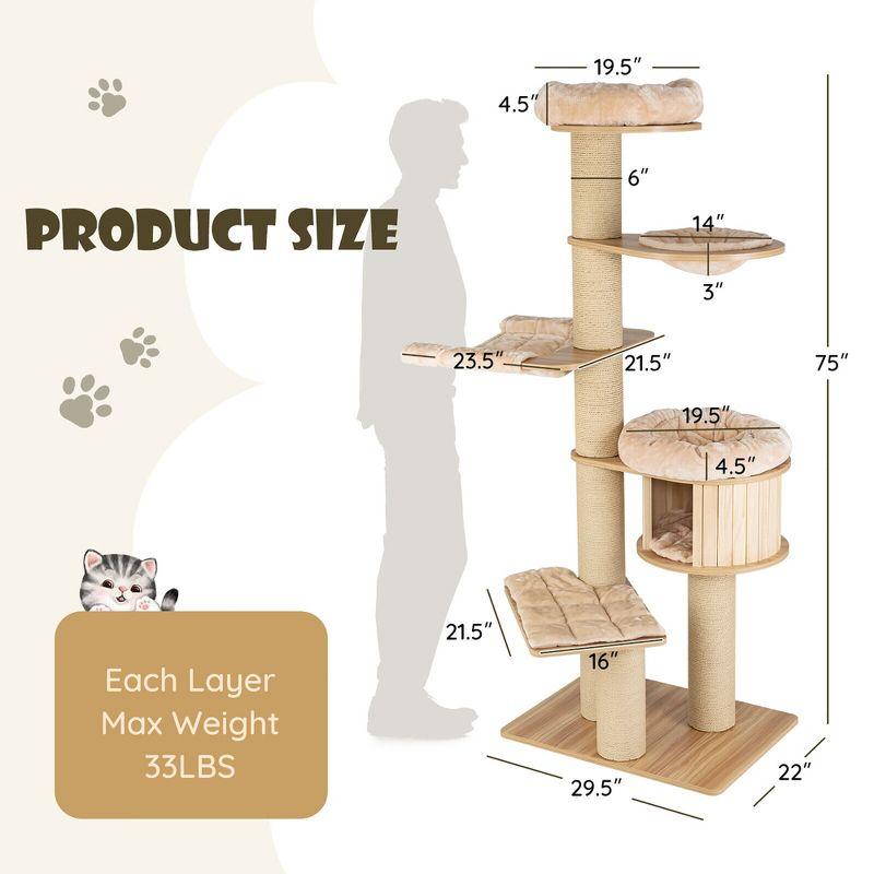 Tangkula 75" Modern Cat Tree Multi-Level Large Cat Tower w/ Hammocks Beige