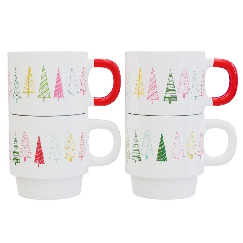 Christmas Ceramic Mug Set with Red Handles and Metal Rack