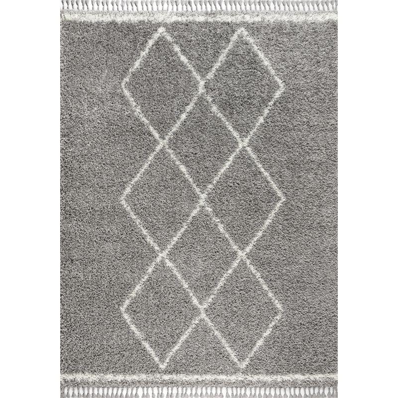4'x6' Mercer Shag Plush Tassel Moroccan Geometric Trellis Area Rug, Grey/Cream - JONATHAN Y