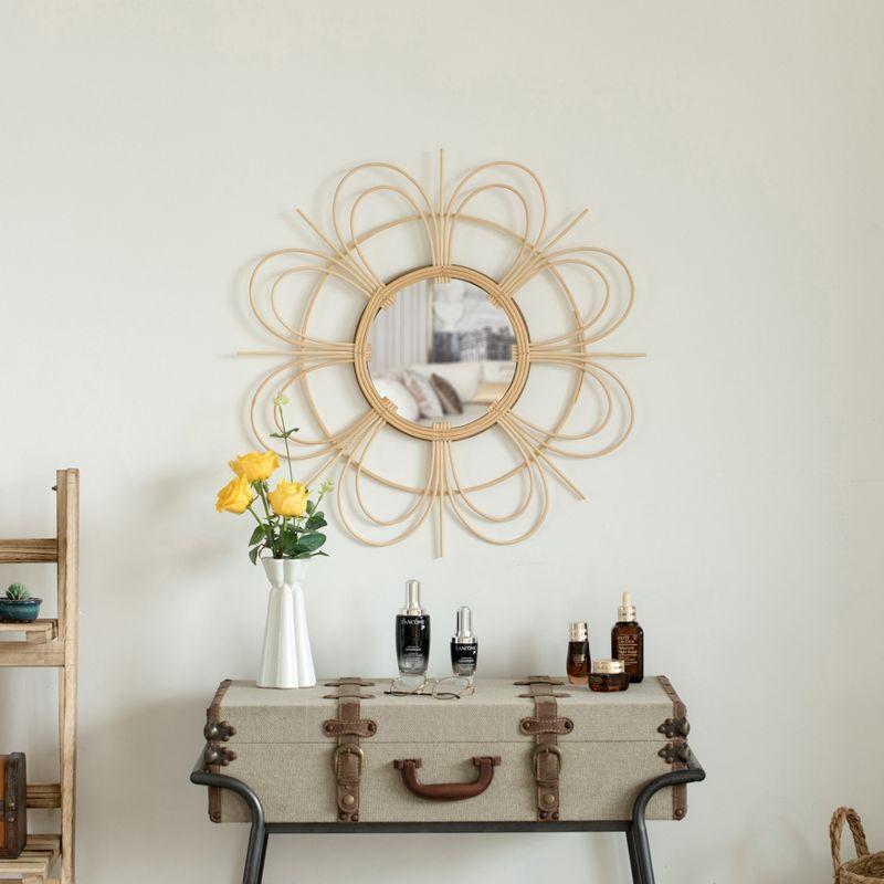 Vintiquewise Decorative Flower Shape Woven Rattan Wood Round Modern Hanging Wall Mirror