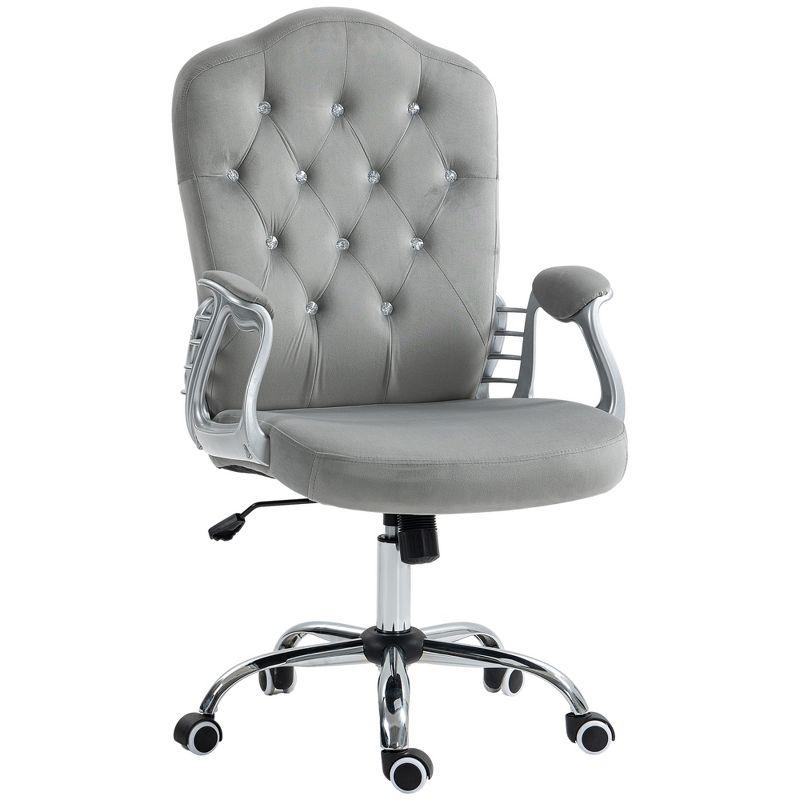 Vinsetto Home Office Chair, Velvet Computer Chair, Button Tufted Desk Chair with Swivel Wheels, Adjustable Height, and Tilt Function, Light Gray