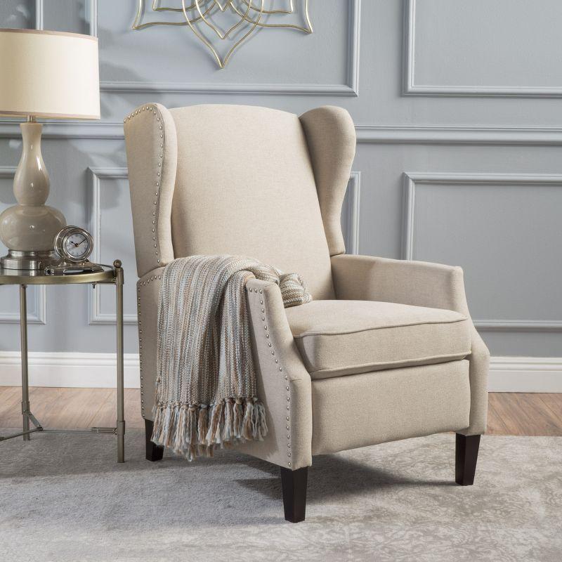 GDFStudio Weyland Contemporary Fabric Wingback Pushback Recliner with Nailhead Accents, Wheat