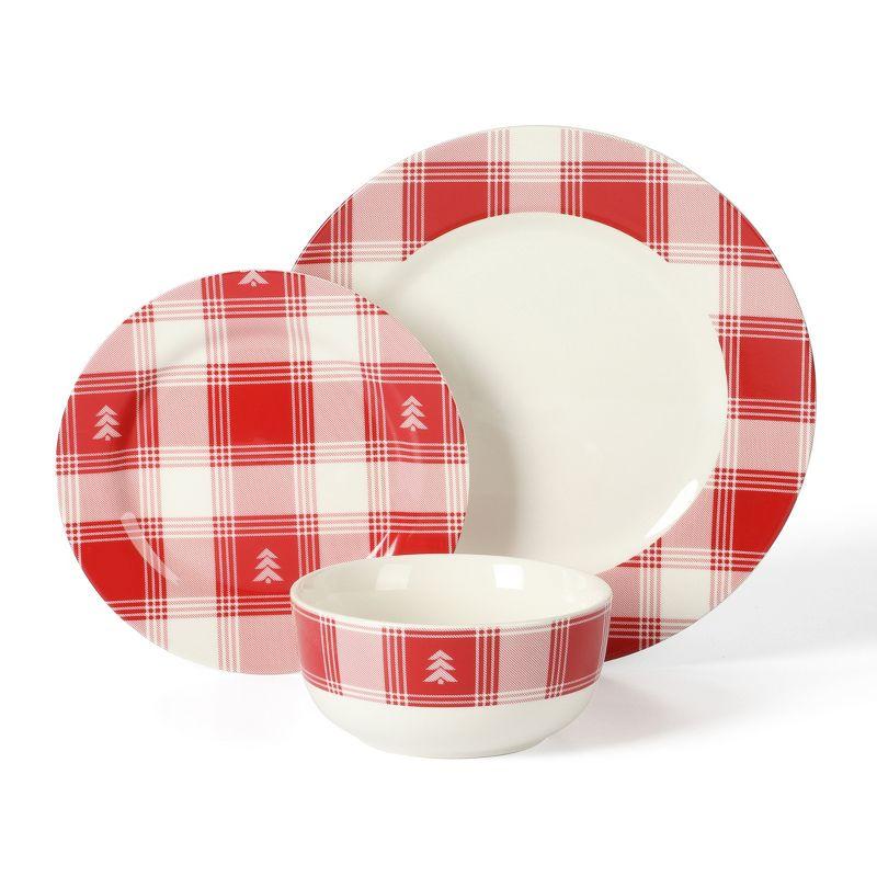 Martha Stewart Plaid 12-Piece Decorated Red and White Stoneware Dinnerware Set