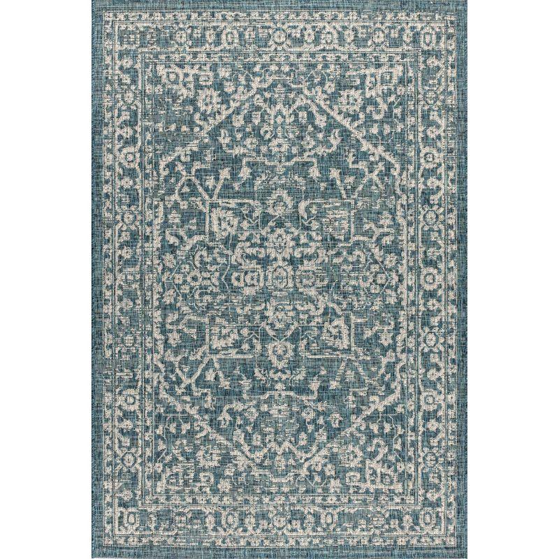 4'x6' Malta Bohemian Medallion Textured Weave Indoor/Outdoor Area Rug, Teal/Gray - JONATHAN Y