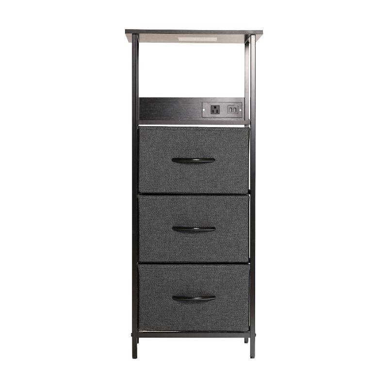 Emma and Oliver Charging Nightstand with 3 Fabric Drawers, 2 USB Ports, 1 Outlet in Charcoal/Blk