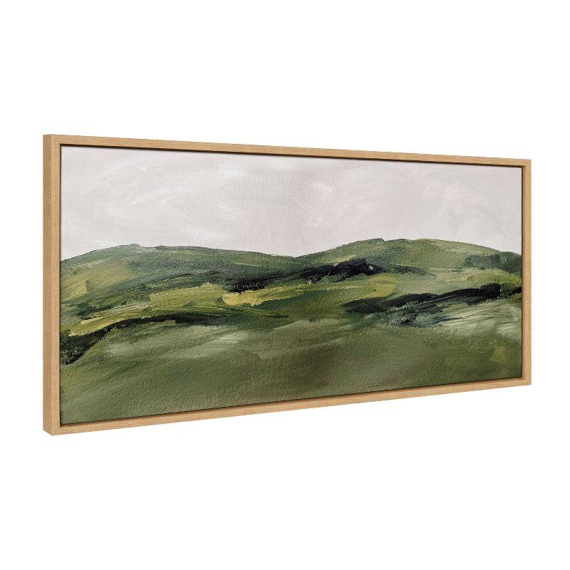 Green Mountain Landscape Watercolor Canvas Print with Natural Frame