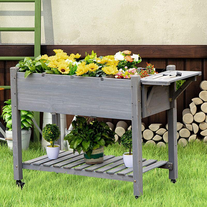 Outsunny 49''x21''x34'' Raised Garden Bed w/ 8 Grow Grids, Outdoor Wood Plant Box Stand w/ Storage Shelf & Wheels for Vegetable Flower, Gray