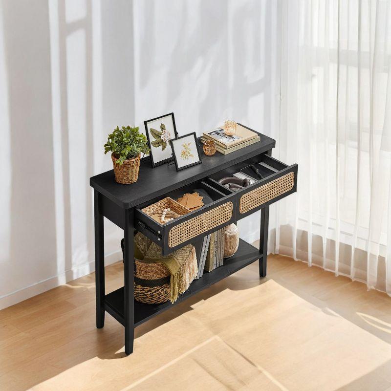 Ash Black Console Table in Boho Style. A Narrow Entryway Table with 2 Drawers and an Open Storage Shelf. for the Living Room.Sofa Table