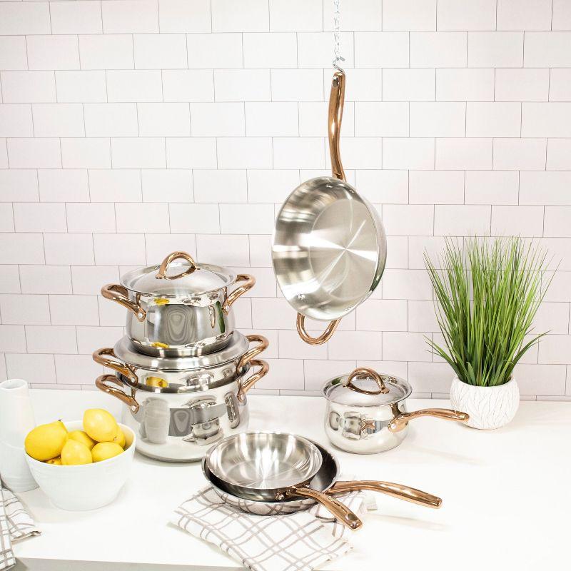 BergHOFF Ouro Gold 11Pc 18/10 Stainless Steel Cookware Set, Rose Gold Handles, Metal Lids