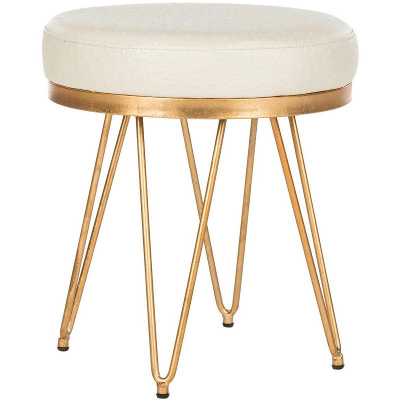 Cream and Gold Faux Ostrich Round Stool with Hairpin Legs