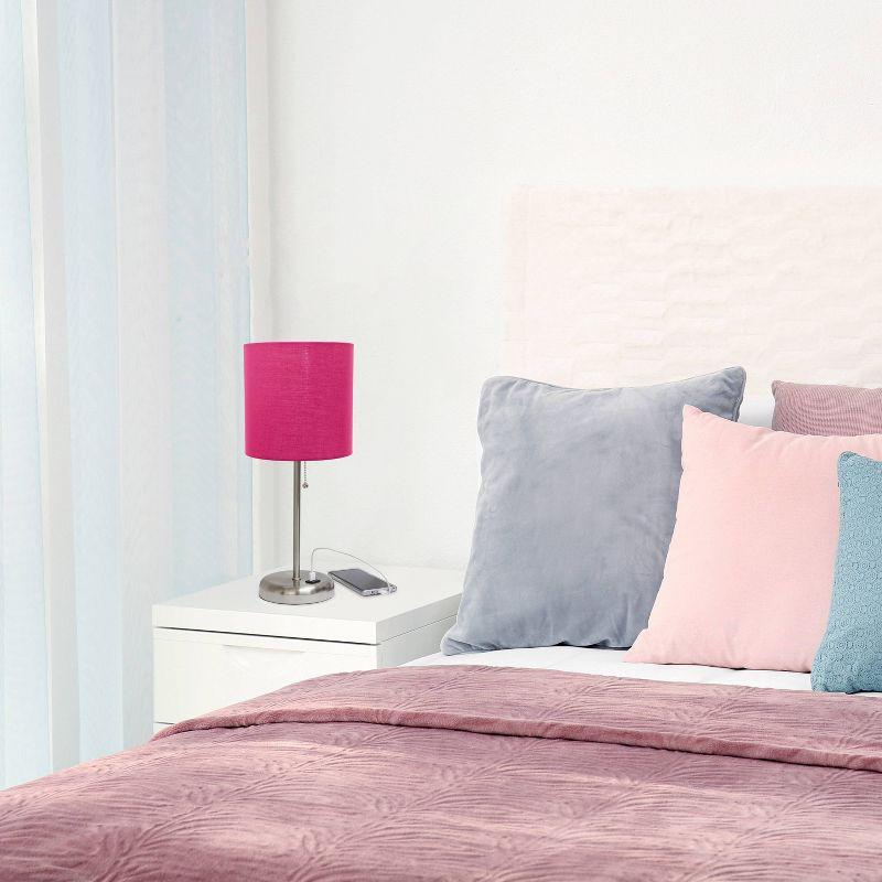Creekwood Home 19.5" Bedside USB Port Feature Metal Table Desk Lamp Brushed Steel with Pink Fabric Shade: ETL Listed, No Assembly Required