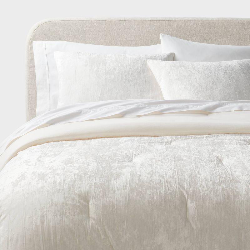 3pc Full/Queen Luxe Distressed Crinkle Velvet Comforter and Sham Set Ivory - Threshold™: OEKO-TEX Certified