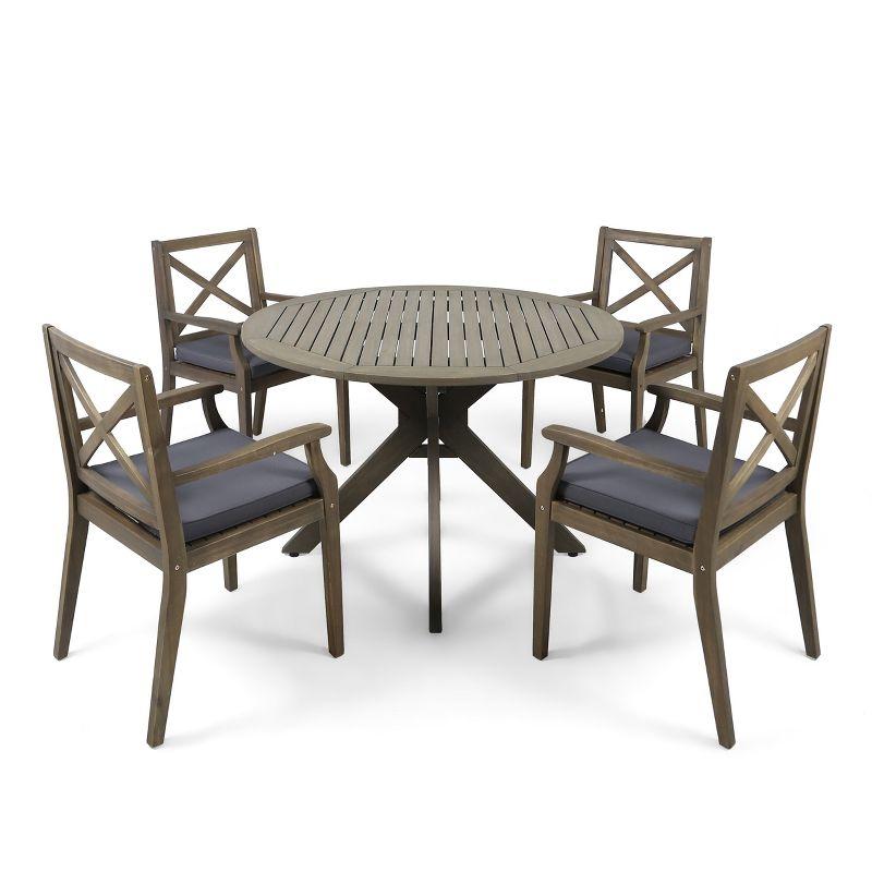 Christopher Knight Home Llano Outdoor Acacia Wood 5 Piece Dining Set with Water Resistant Cushion, Dark Gray/Gray