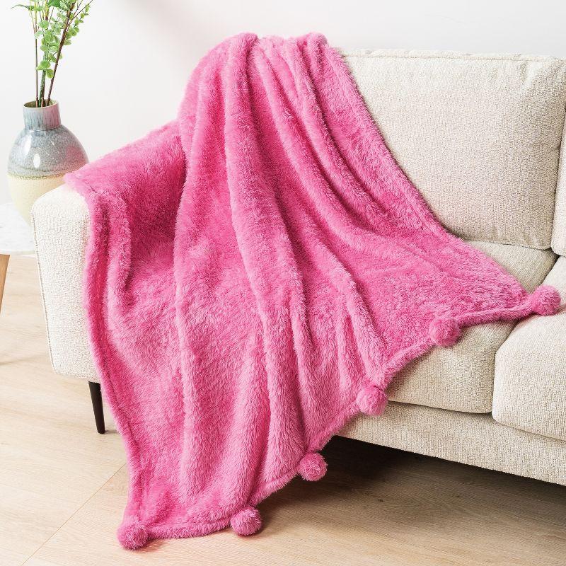 PAVILIA Fluffy Throw Blanket with Pompom, Lightweight Soft Plush Cozy Warm Pom Pom Fringe for Couch Sofa Bed