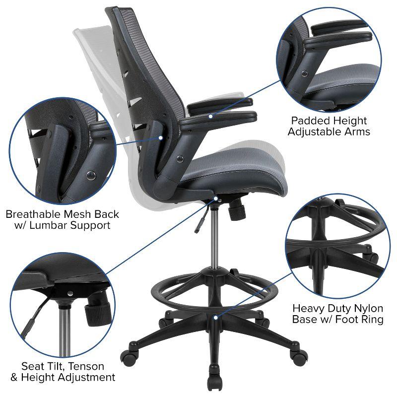 Flash Furniture High Back Mesh Spine-Back Ergonomic Drafting Chair with Adjustable Foot Ring and Adjustable Flip-Up Arms