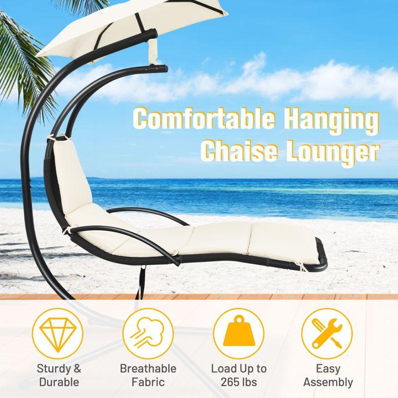 Tangkula Outdoor Hanging Chaise Lounge Chair Floating Chaise Swing Lounger w/Canopy & Cushion Beige