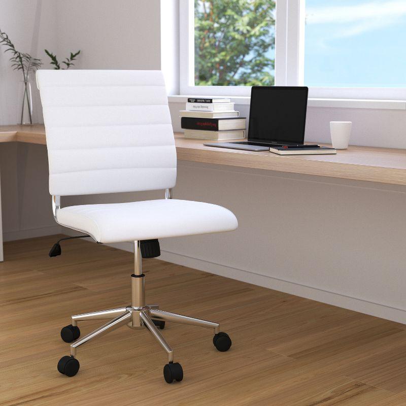 Merrick Lane White Ergonomic Swivel Office Chair Ribbed Faux Leather Back and Seat Mid-Back Armless Computer Desk Chair with Chrome Base