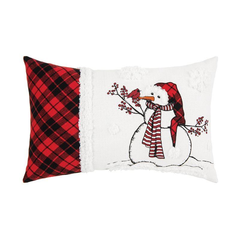 Snowman Embroidered Plaid Christmas Throw Pillow