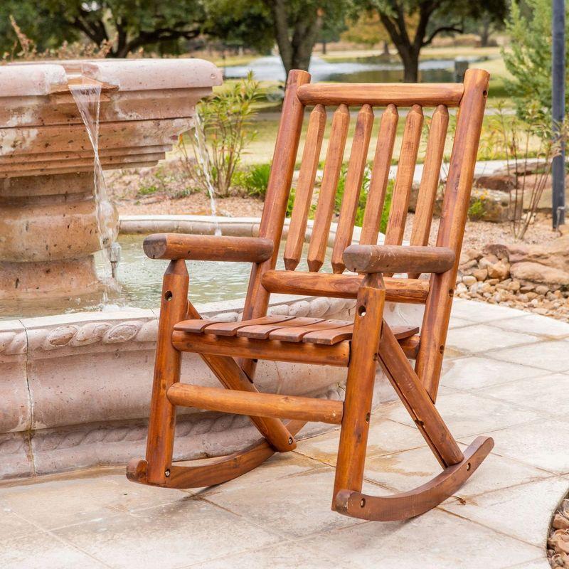 Leigh Country Porch Rocking Chair with Z Frame Design, Clear Coat of Varnish, and Contoured Seating for Patio Rocking Chairs, Brown