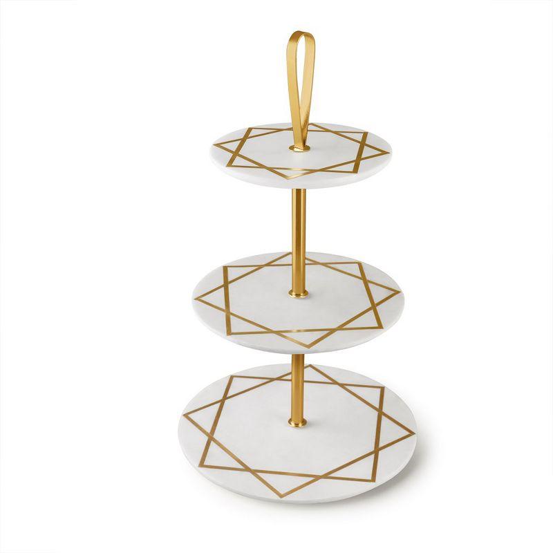 White Marble and Brass Three-Tier Geometric Cake Stand