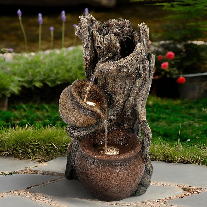 Rustic Brown Resin Tree Trunk and Pots Outdoor Fountain with LED Lights