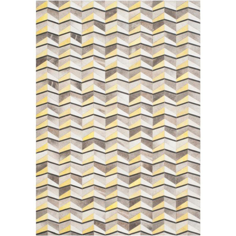 Ivory and Yellow Hand-Knotted Geometric Cowhide Rug, 5' x 8'