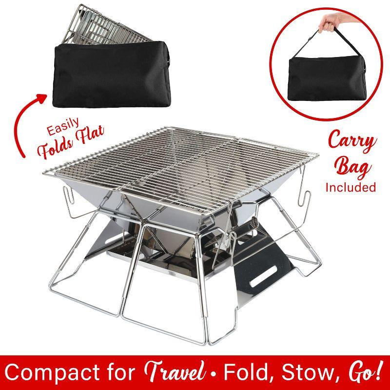 Brentwood 14-In. x 14-In. Stainless Steel Portable Folding Charcoal BBQ Grill and Outdoor Fire Pit with Carry Bag, BB-4X14SS in Silver