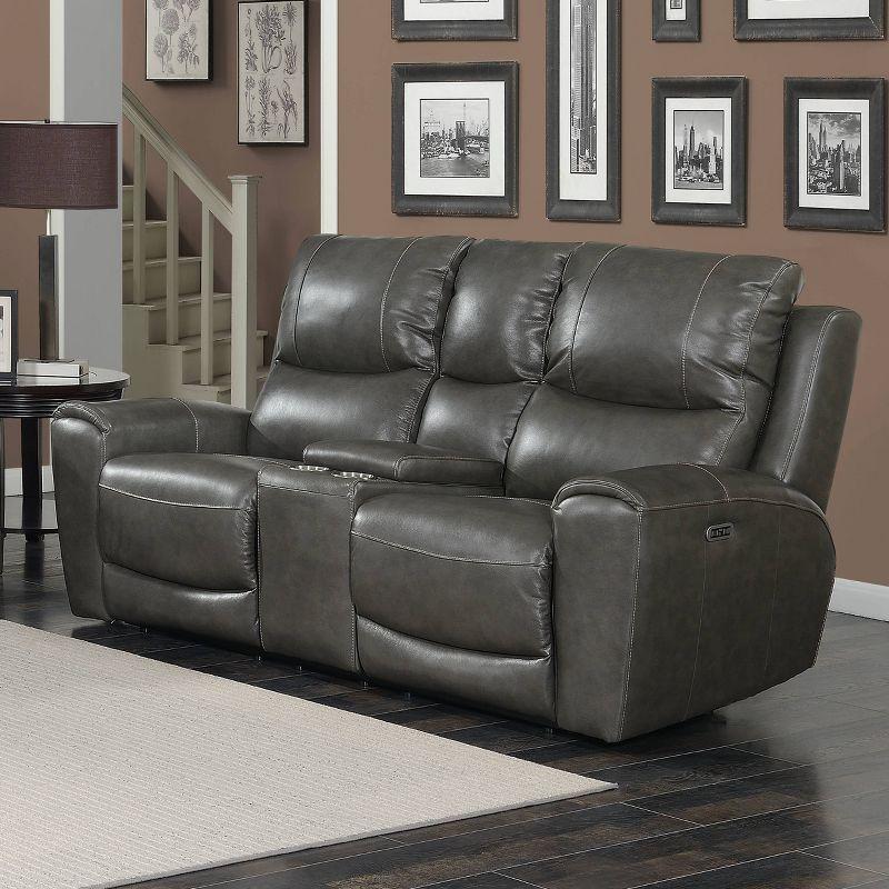 Gray Faux Leather Reclining Loveseat with Storage and Cup Holders