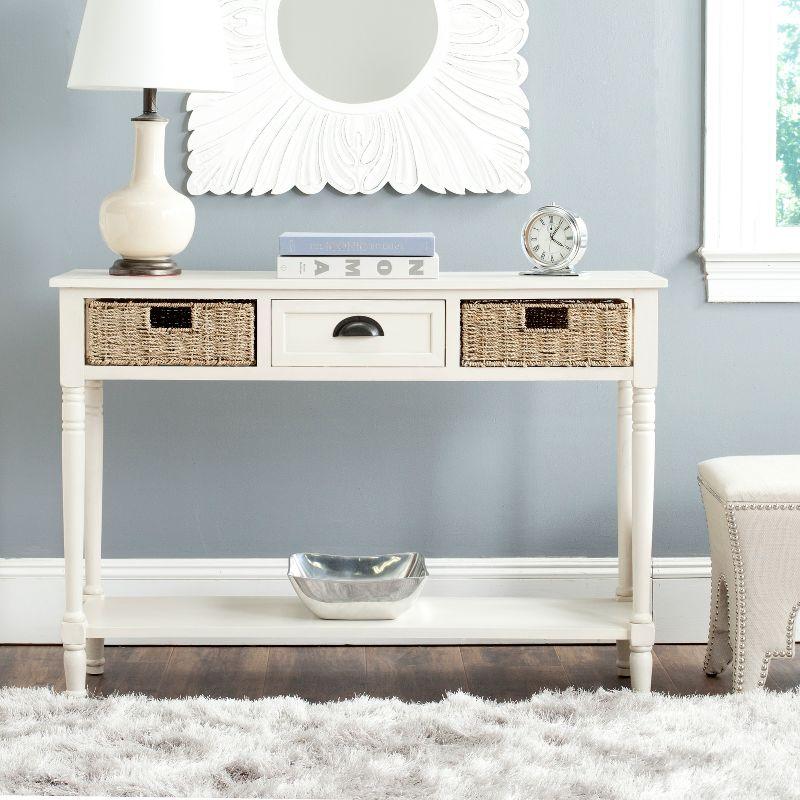 White Pine and Rattan Console Table with Storage, 45"
