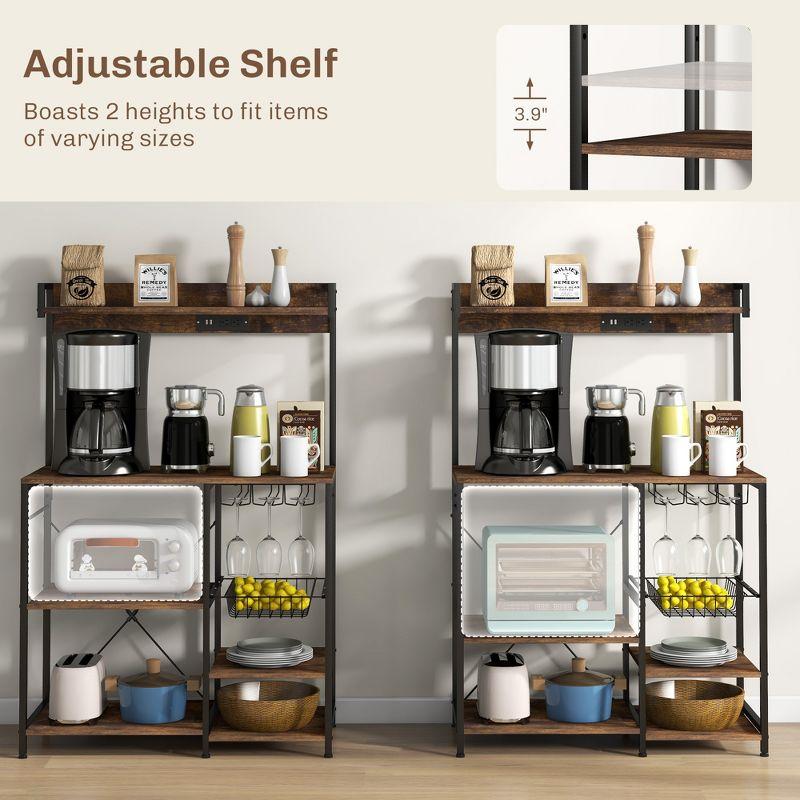 HOMCOM Industrial Kitchen Bakers Rack with Charging Station, RGB Lights, Glass Holders and Open Shelves, Rustic Brown