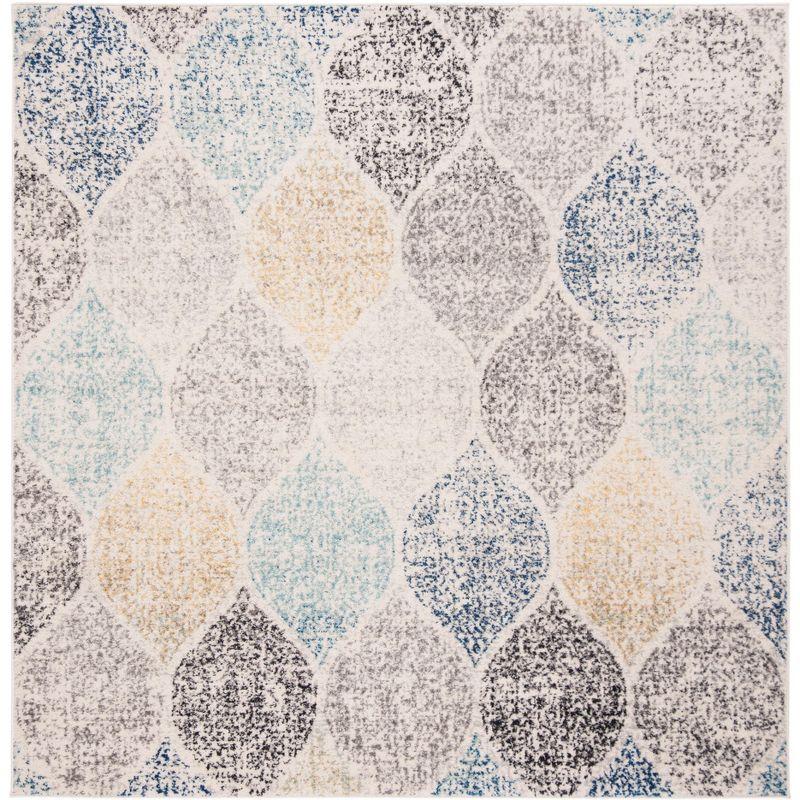 Ivory and Blue 4' Square Synthetic Easy-Care Area Rug