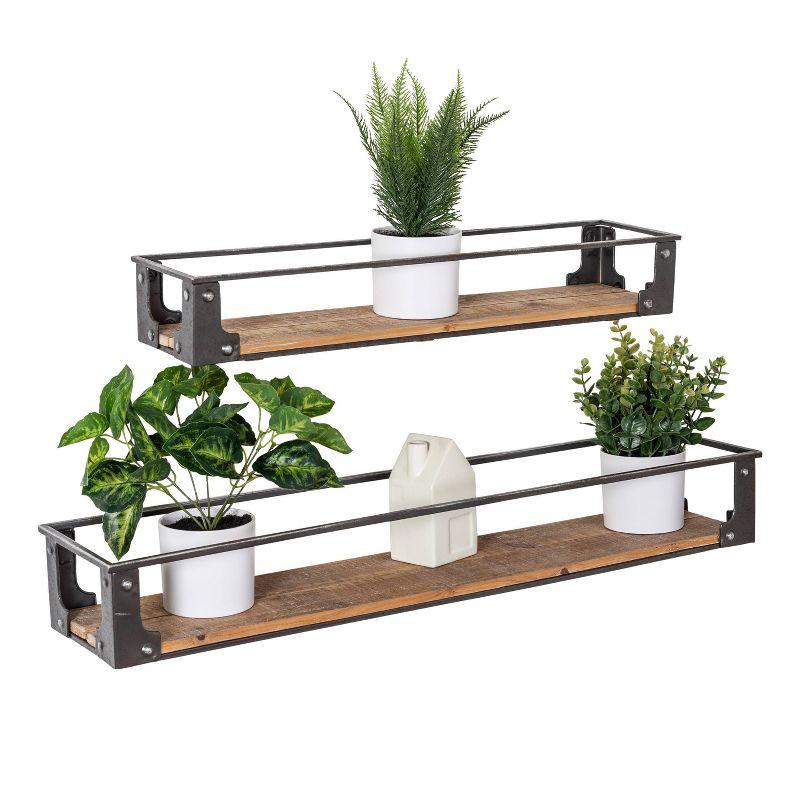 Honey-Can-Do Metal and Wood Wall Shelves: Rustic Floating Shelves, Decorative Steel Frame, 2-Tier, 10lb Capacity, Brown