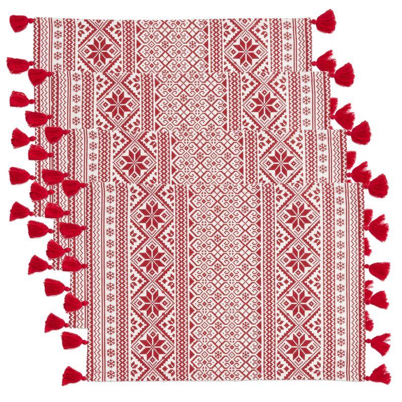 Red and White Cotton Christmas Pattern Placemats with Tassels, Set of 4