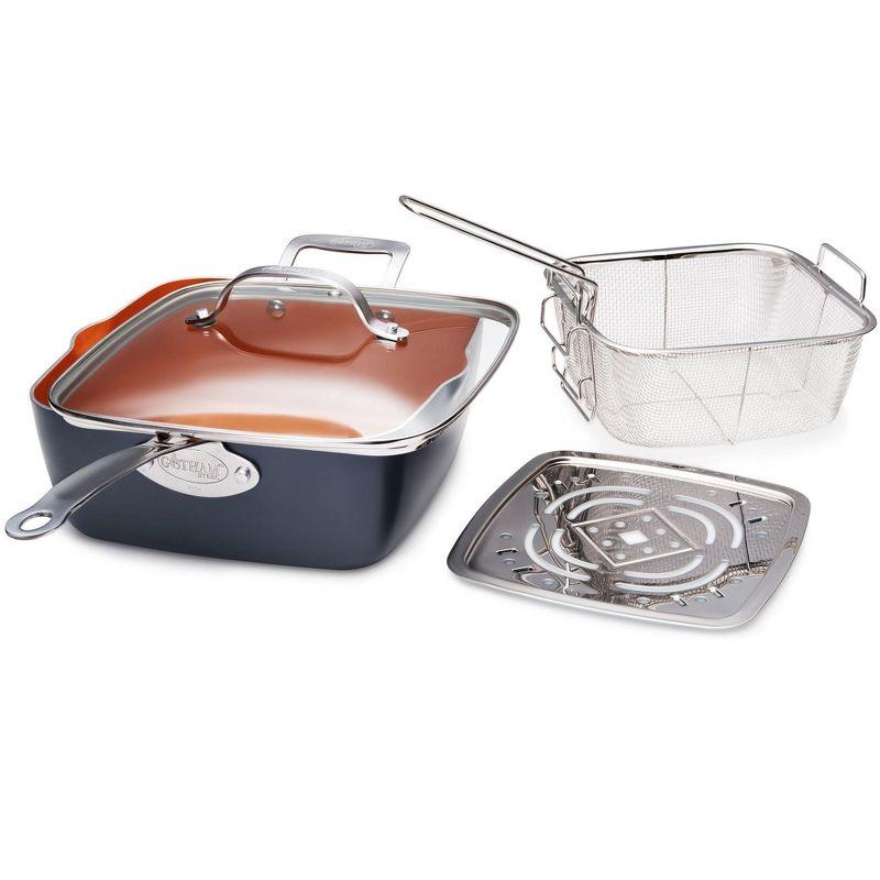 Gotham Steel Gotham Steel 9.5" Deep Squre Nonstick Pan with Steamer Tray, Fry Basket and Glass Lid