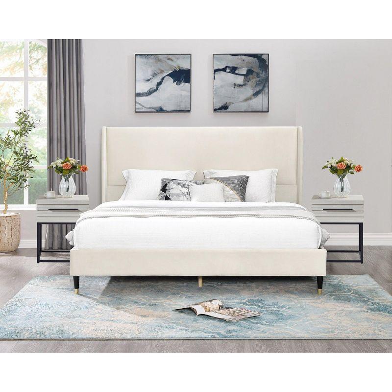 Roundhill Furniture Arles 3-Piece Upholstered Bedroom Set, Wingback Platform Bed with Two Nightstands Beige Velvet Queen