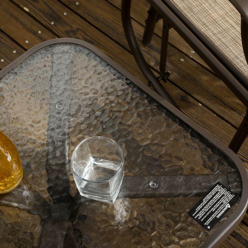 Outsunny 3 Piece Outdoor Glider Chair with Coffee Table Bistro Set, 2 Patio Rocking Chairs with Breathable Sling Fabric, Glass Tabletop, Mixed Brown
